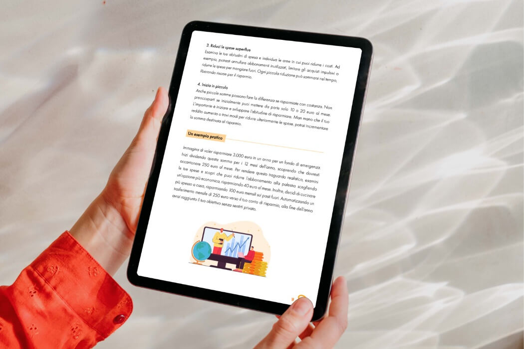 Persona che legge su tablet una guida al risparmio personale con esempi pratici, consigli su come ridurre le spese superflue e creare un fondo di emergenza.