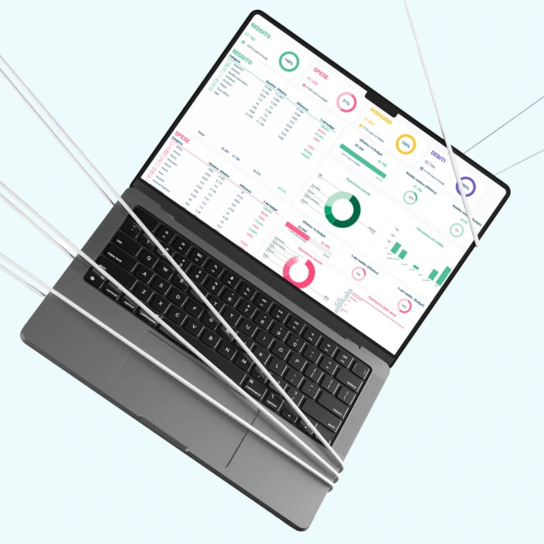 Vista dall’alto di un laptop con template Excel per la gestione delle finanze personali, sospeso con cavi su sfondo chiaro.