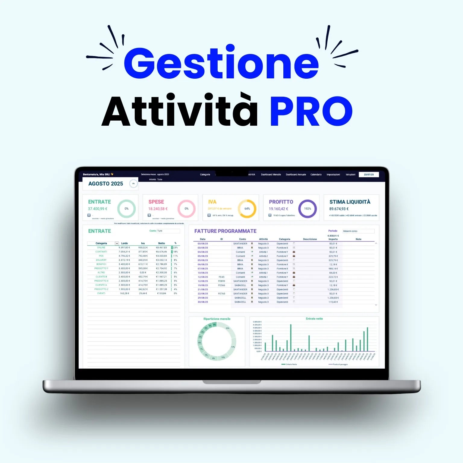 Modello Excel Aziendale PRO per gestione entrate, uscite e calcolo IVA, ideale per
piccole/medie imprese e liberi professionisti