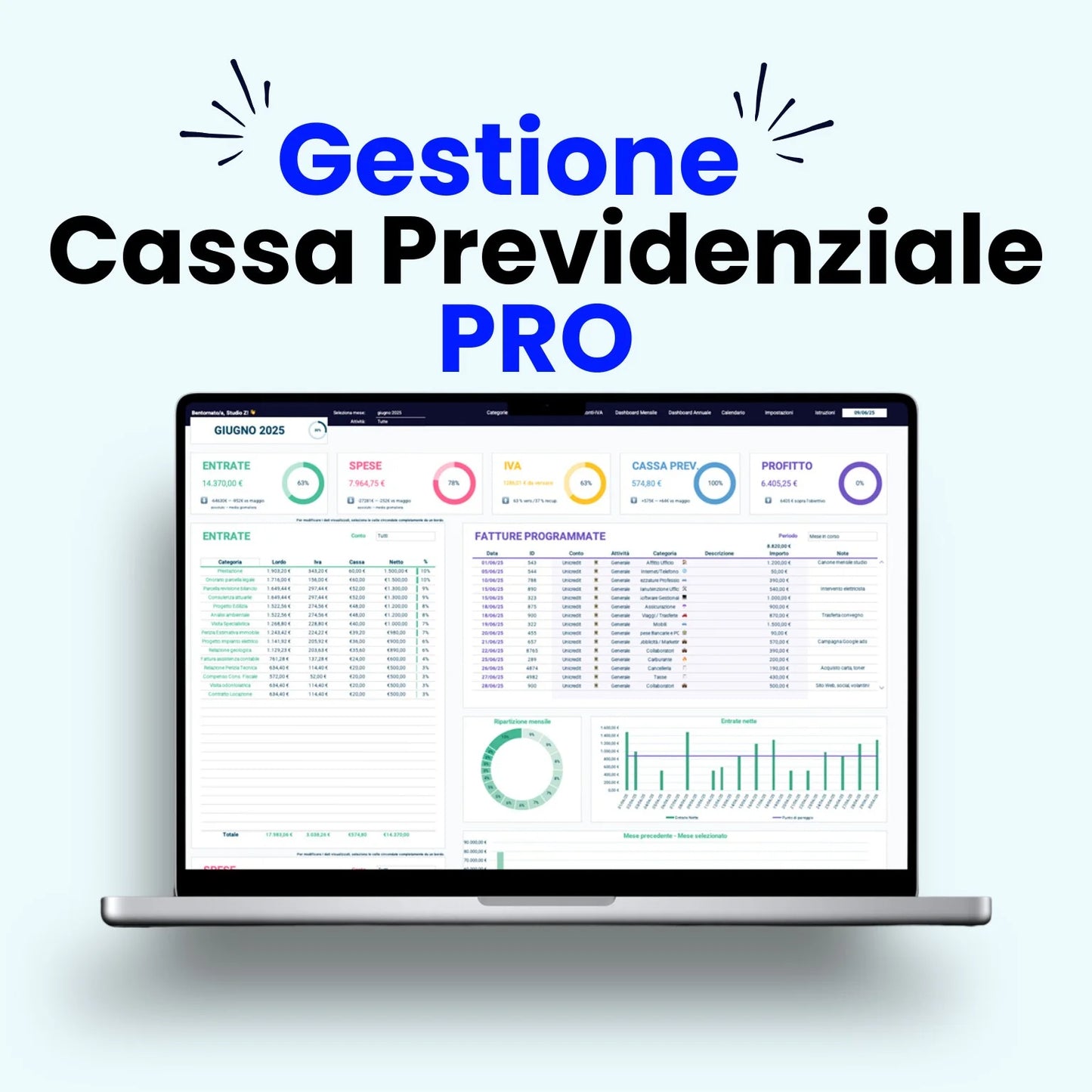 Modello Excel Cassa Previdenziale PRO per gestione entrate, uscite, calcolo IVA, calcolo Cassa Previdenziale, ideale per liberi professionisti