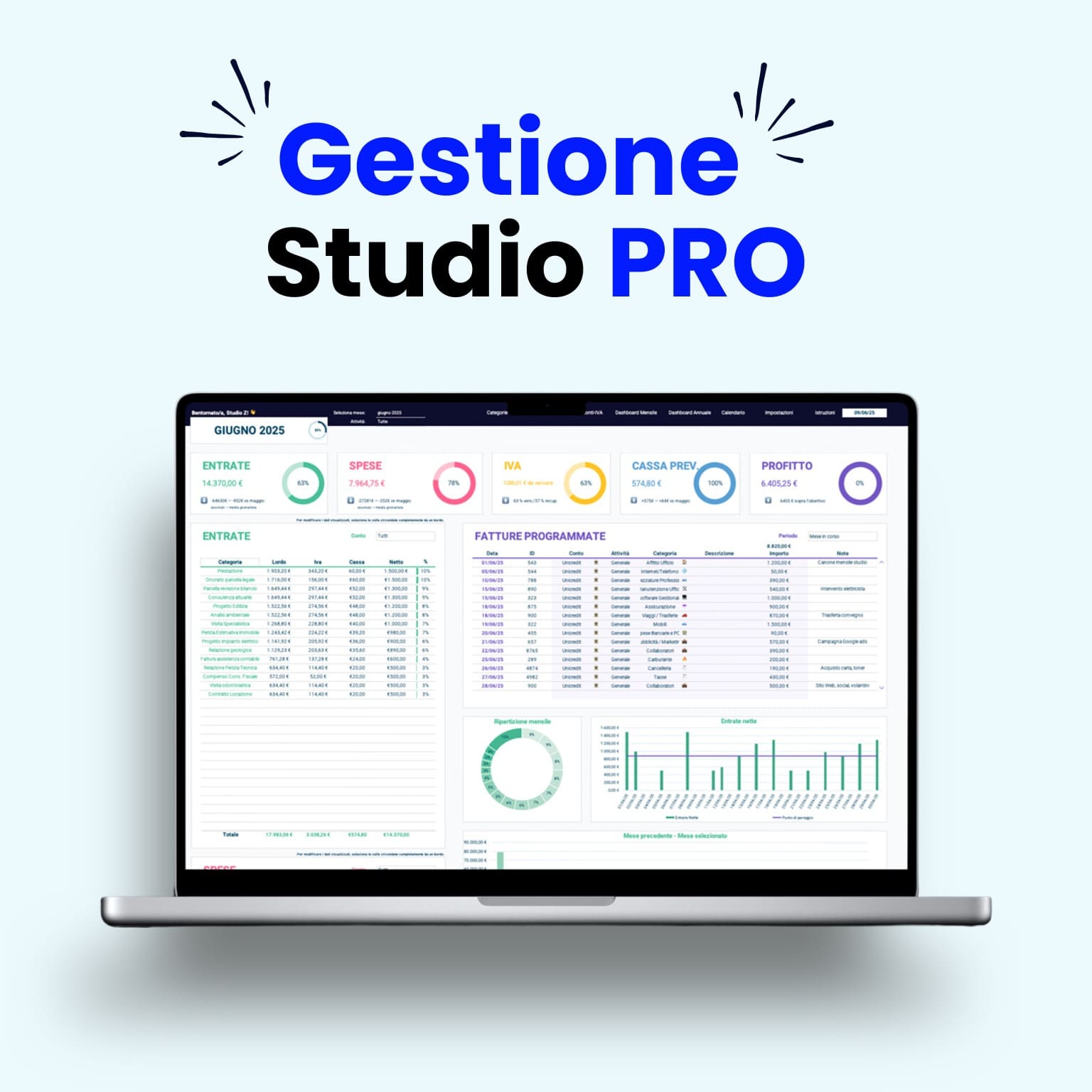 Modello Excel Gestione Studio PRO per gestione entrate, uscite, calcolo IVA, calcolo Cassa Previdenziale, ideale per liberi professionisti