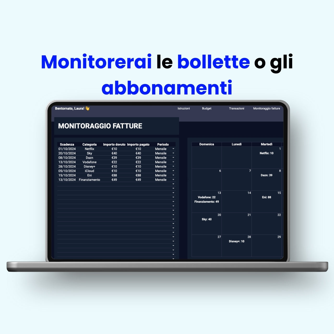 Foglio Excel per tenere traccia di scadenze e pagamenti mensili di bollette e abbonamenti digitali, con calendario integrato.