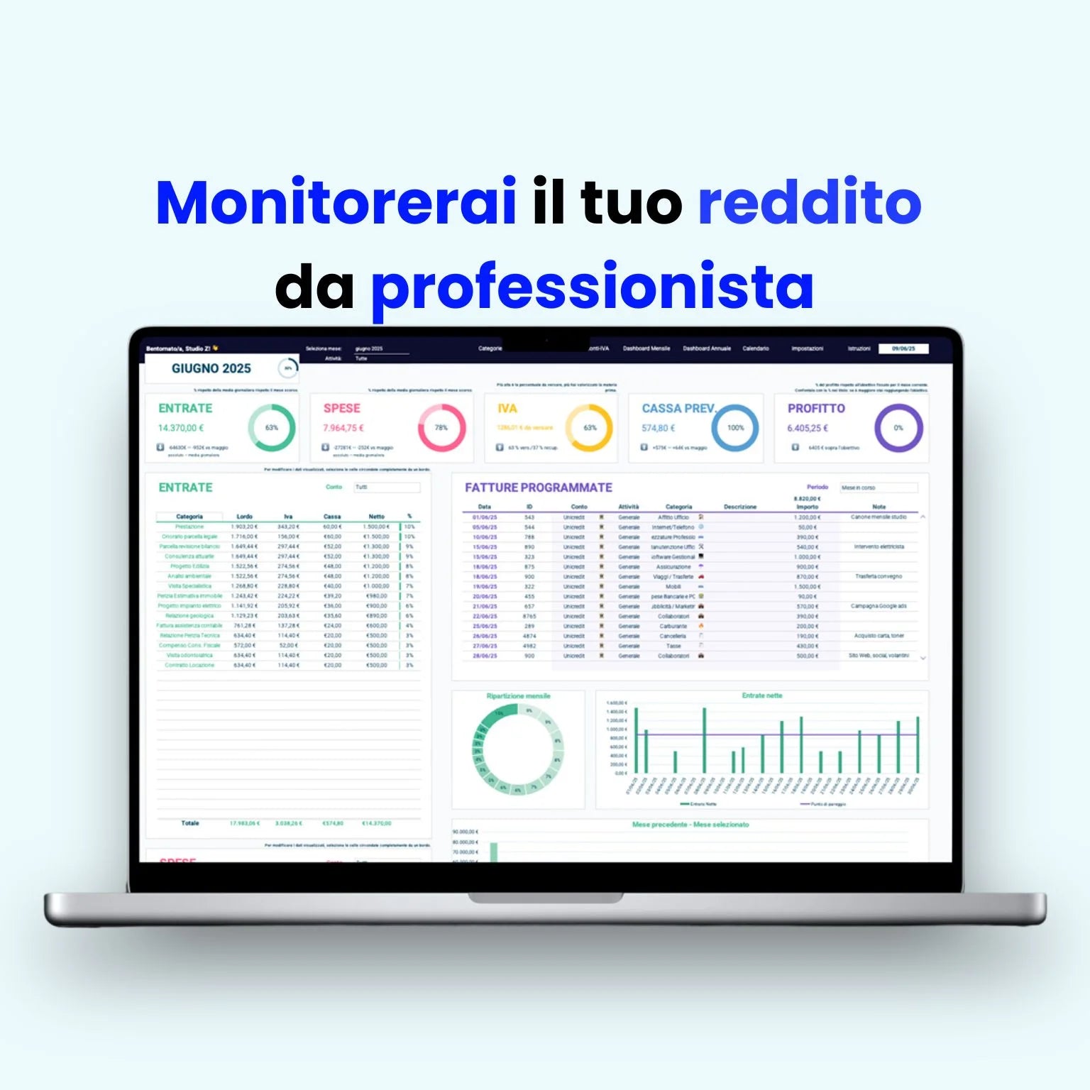 Foglio Excel con grafici per monitoraggio costi e calcolo automatico e IVA e CASSA PREVIDENZIALE per liberi professionisti