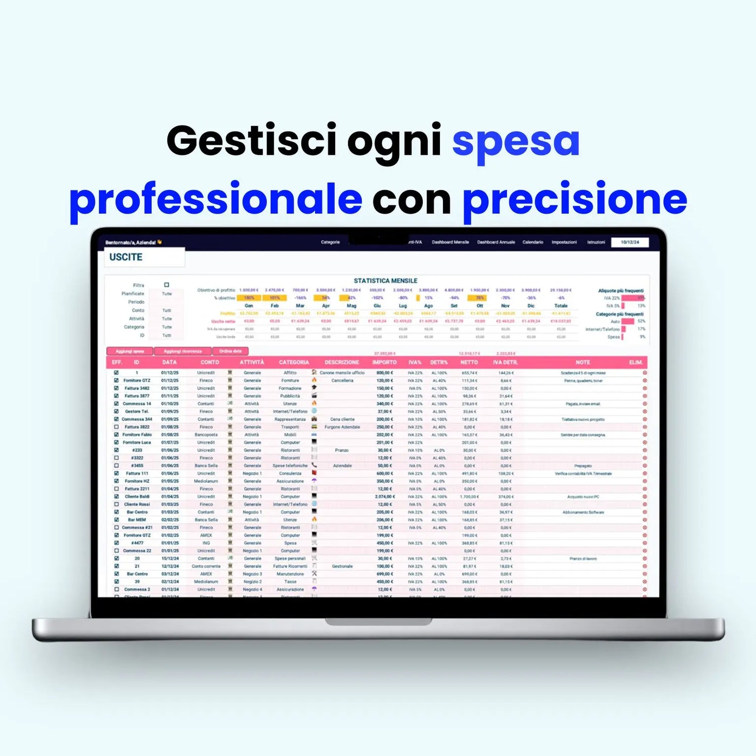 Foglio Excel per gestione fatture aziendali: organizza, archivia e monitora ogni spesa in modo semplice e professionale