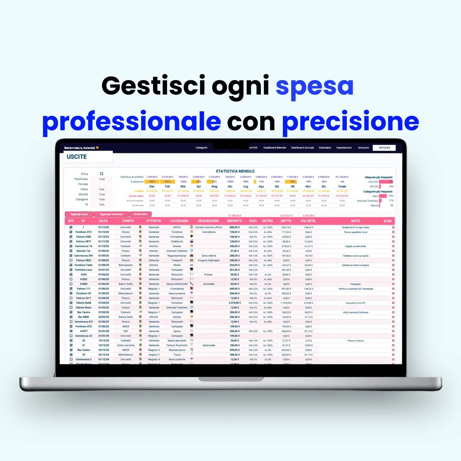 Foglio Excel per gestione fatture aziendali: organizza, archivia e monitora ogni spesa in modo semplice e professionale