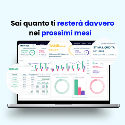 Dashboard Excel di gestione attività con stima della liquidità futura, entrate dettagliate per canale (POS, contanti, bonifici), spese, stima liquidità e fatture programmate. Visualizzazione su laptop con focus sulla previsione di cassa per il mese.