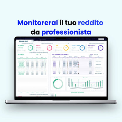Foglio Excel con grafici per monitoraggio costi e calcolo automatico e IVA e CASSA PREVIDENZIALE per liberi professionisti