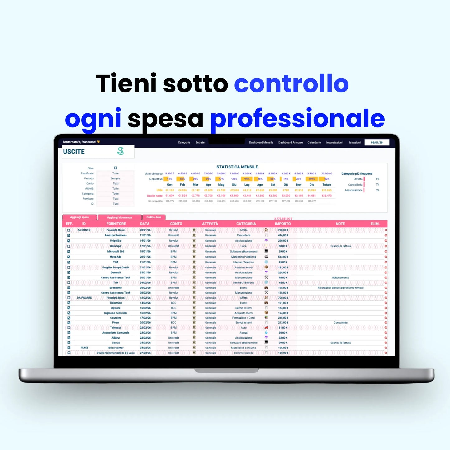 Foglio Excel per organizzazione e gestione spese aziendali, con funzioni avanzate per ricerca e monitoraggio