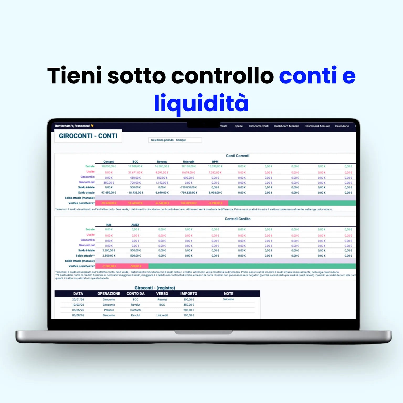 Template Excel per contabilità forfettario, calcoli stima tasse automatici e analisi dettagliata delle spese