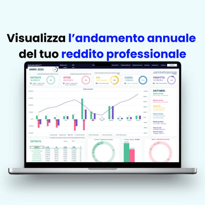 Modello Excel per professionisti: gestisci entrate, spese, IVA e bilancio mensile con analisi semplificata e proiezioni finanziarie intelligenti.